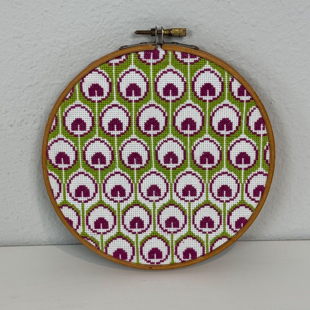 Handmade Cross-Stitch 6.5” Hoop: Green Pink Design New
